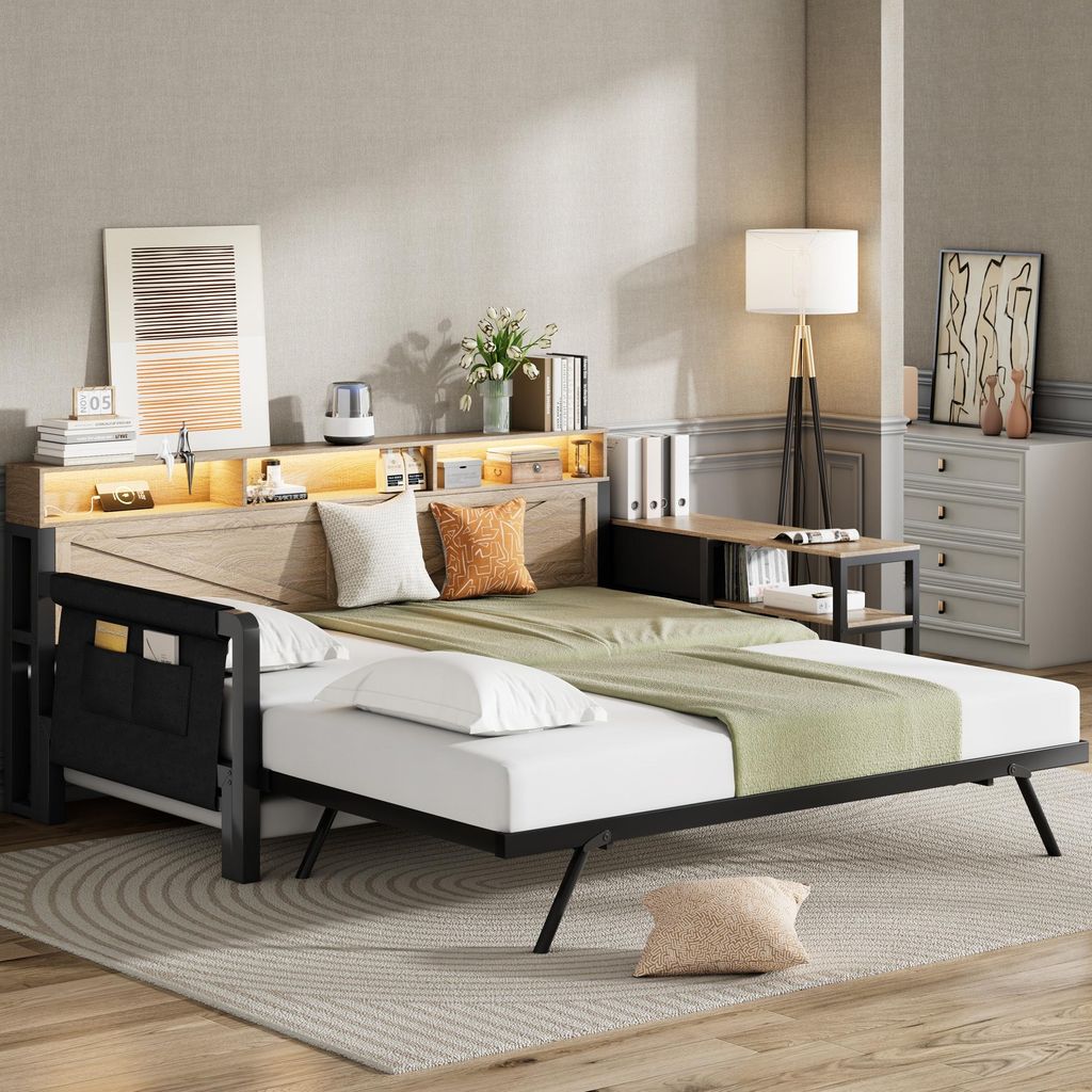 Tagesbett 90x200 Daybett Metall-Bett Schlafsofa Jugendbett Ausziehbett Einzelbett verstellbarem Ausziehbett mit Schubladen Staufächern LED USB,sch...