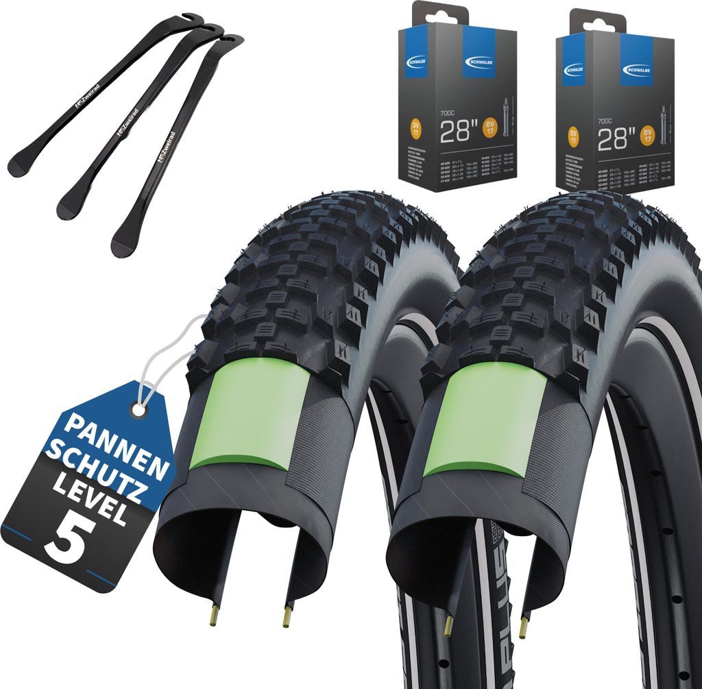 Schwalbe Fahrradreifen Smart Sam Plus DD HS624 28 Zoll 42-622 Draht GreenGuard schwarz + DV-Schlauch + MSZweirad Reifenheber