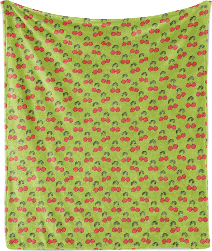 ABAKUHAUS Garden Art Morbida coperta in pile di flanella, tema primavera ciliegie, morbida e confortevole per interni ed esterni, 125 x 175 cm, verde mela e rosa scuro