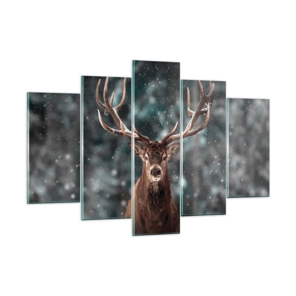 Bilder auf glas - 5 Teile - Hirsch Hirsch Winter - 150x100cm - Glasbilder - Wandbilder - Bilder - zum Aufhängen bereit - Wanddekoration aus Glas -...