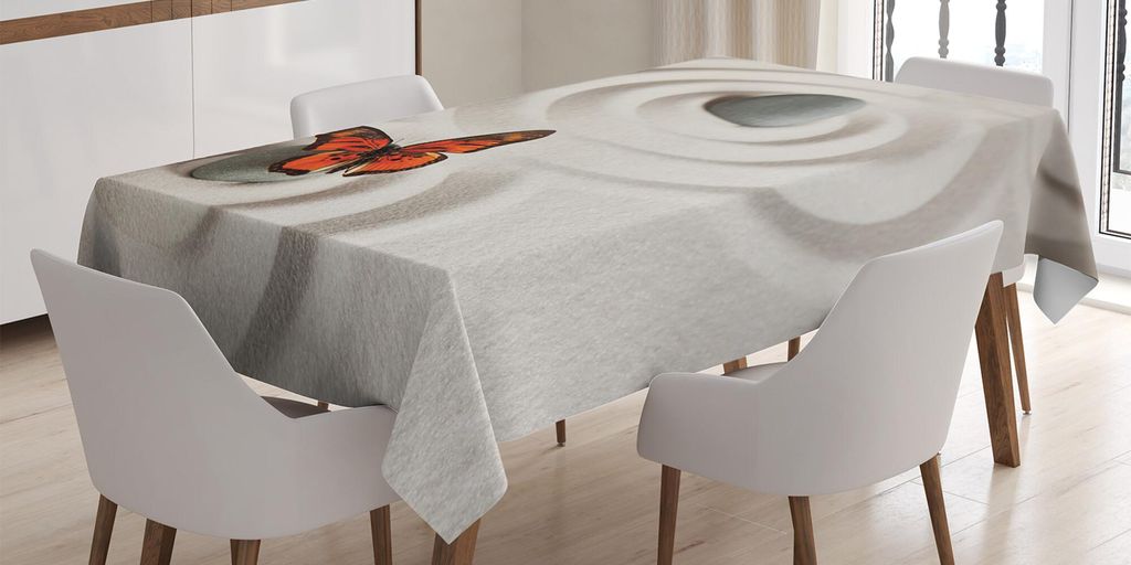 ABAKUHAUS Schmetterling Tischdecke, Zen Stein Auf Dem Sand Schmetterling Scene Leben Natur Meditation Thema, 140 x 200 cm, Orange Beige