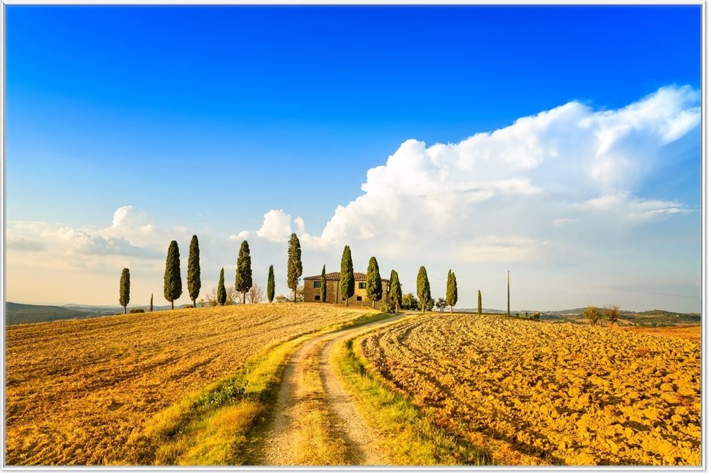 Wallario Wandbild Italien - Toskana unter blauem Himmel einsame Farm, Größe: 61 x 91,50 cm, Poster mit weißem Aluminiumrahmen