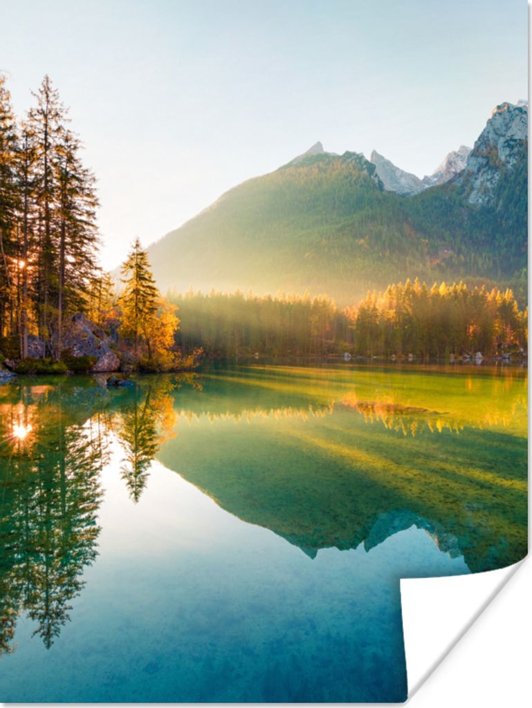 MuchoWow Poster See - Wald - Berge - Natur - Sonne - Landschaft 90x120 cm - Wohnzimmer