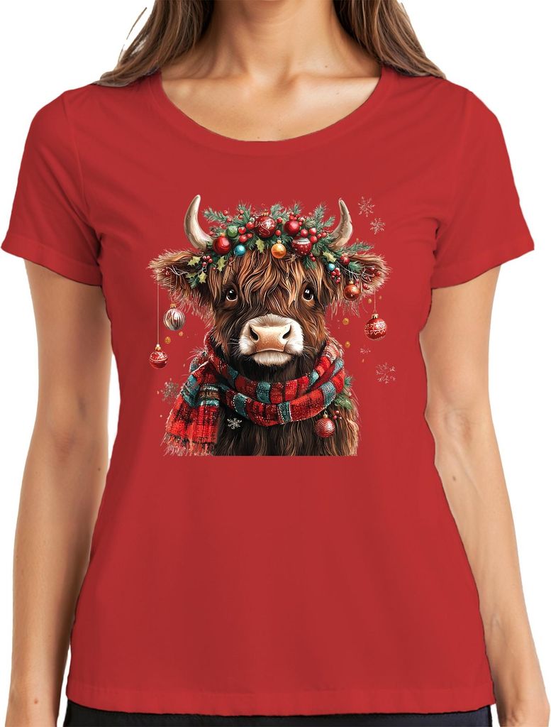 Schottische Hochlandkuh Weihnachten festlich Bauernhof Geschenk Damen T-Shirt, Rot, XL