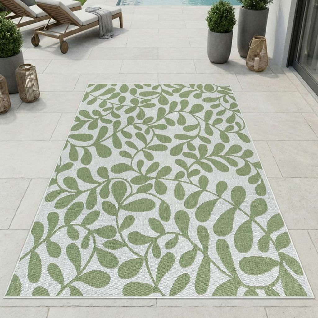 Moderner Outdoor Teppich Grün Weiß Blätterdesign Terrasse Größe - 80 x 200 cm