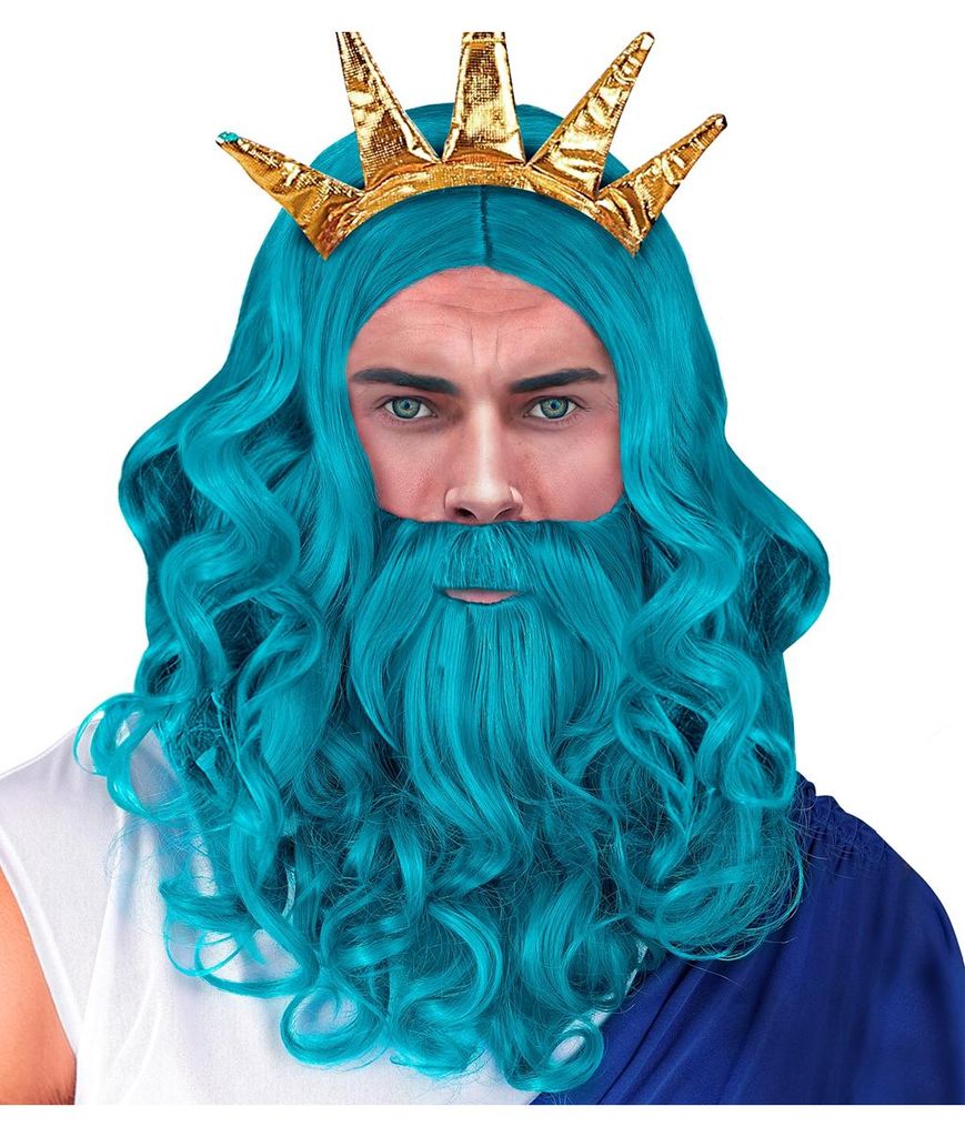 Blaue Neptun & Poseidon Perücke mit Bart & Schnurrbart Produktbild 