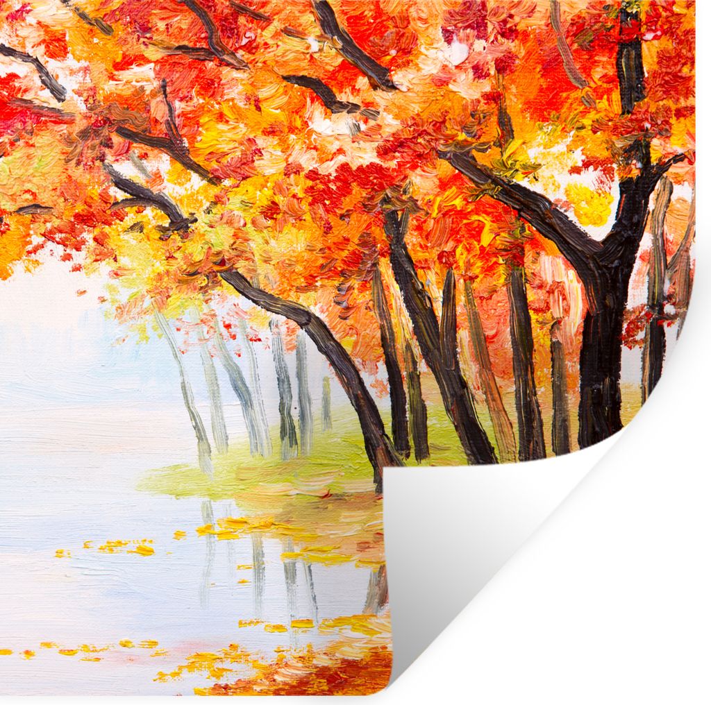 MuchoWow Wandtattoo Wandsticker Wandaufkleber Gemälde - Herbst - Bäume - Wasser - Ölfarbe 100x100 cm Selbstklebend und Repositionierbar - Wier...