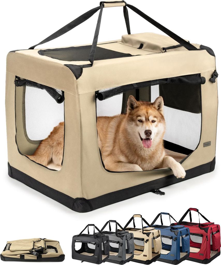 A dog is inside a beige fabric pet carrier. Below the carrier are smaller images of the carrier in different colors and folded.