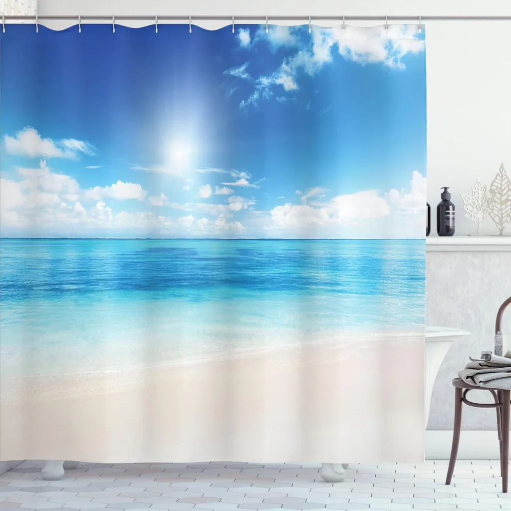 ABAKUHAUS Tenda da doccia Ocean, vista sulla spiaggia dal Mar dei Caraibi, stampa estiva esotica di una giornata di sole, 175 x 200 cm, crema turchese bianco