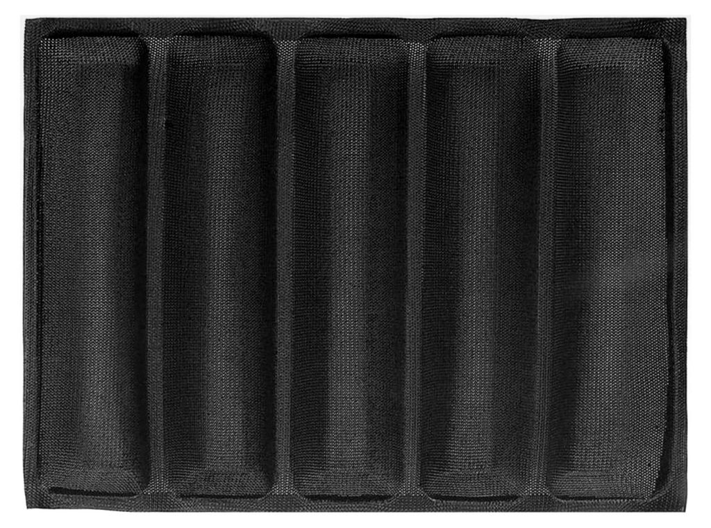 Brotstangen-Backform aus Silikon mit Glasfasernetz, schwarz, 5 Fächer, mit Belüftungslöchern, weich, temperaturbeständig und gefriergeeignet