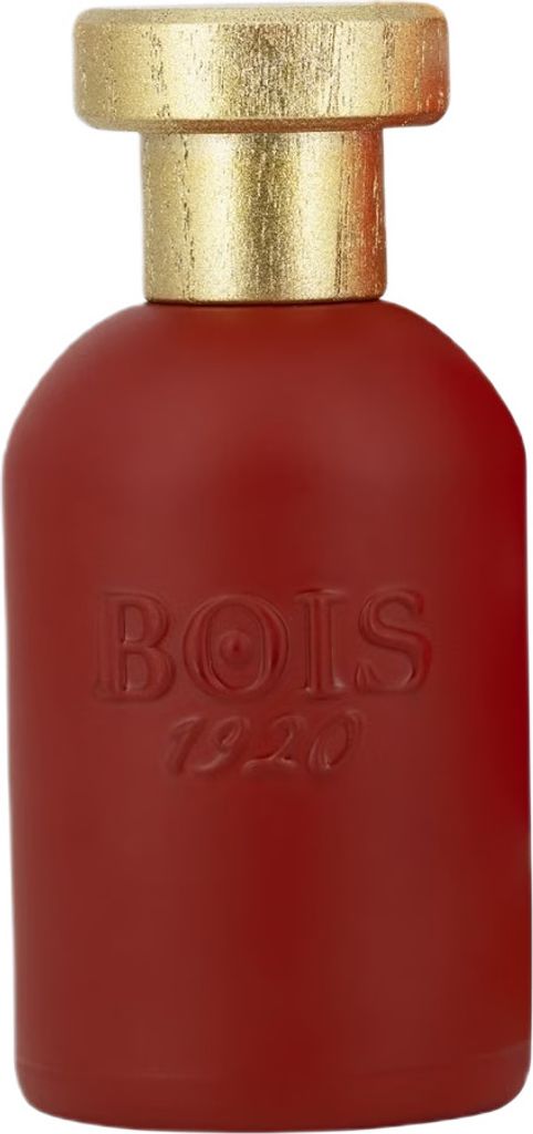 A red perfume bottle with a gold cap.