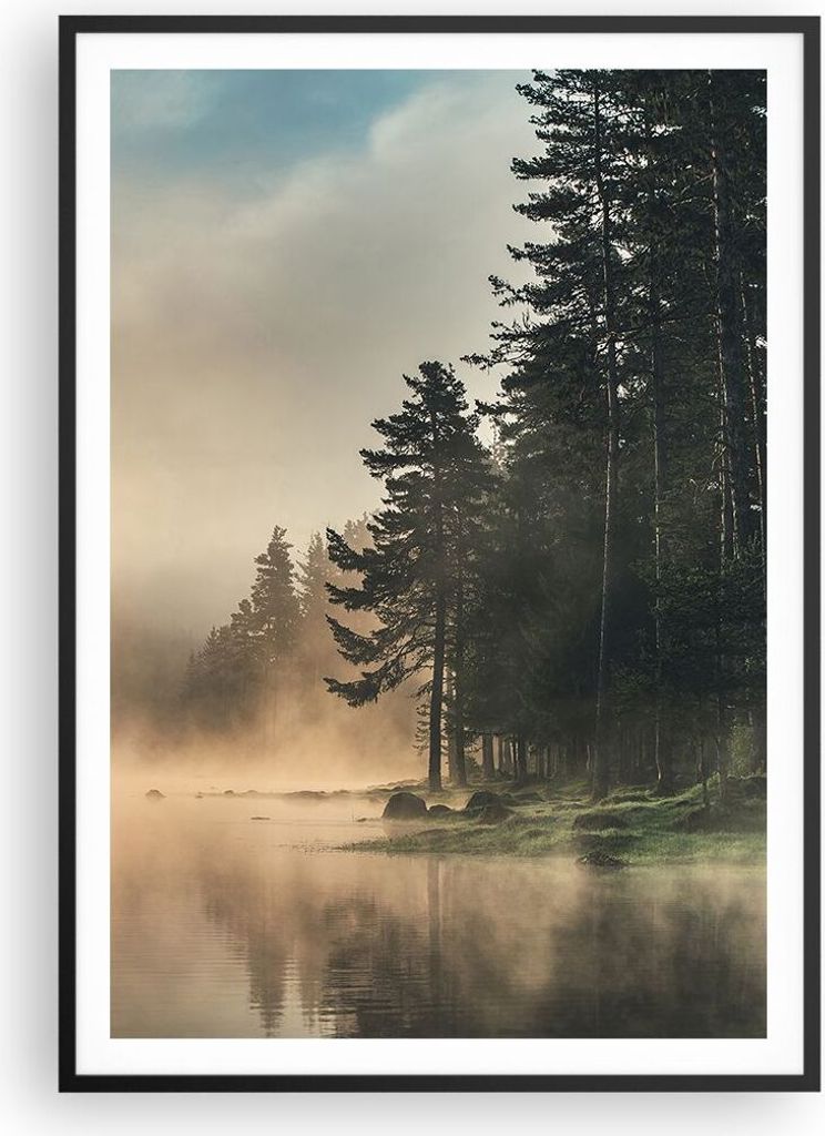 Gerahmtes Poster - Schwarzer Rahmen - Nebel See Wald - 70x100 cm - Wand Bild - Wanddeko - Wandbilder - Kunstposter - Wandposter - Bilderrahmen - Bi...