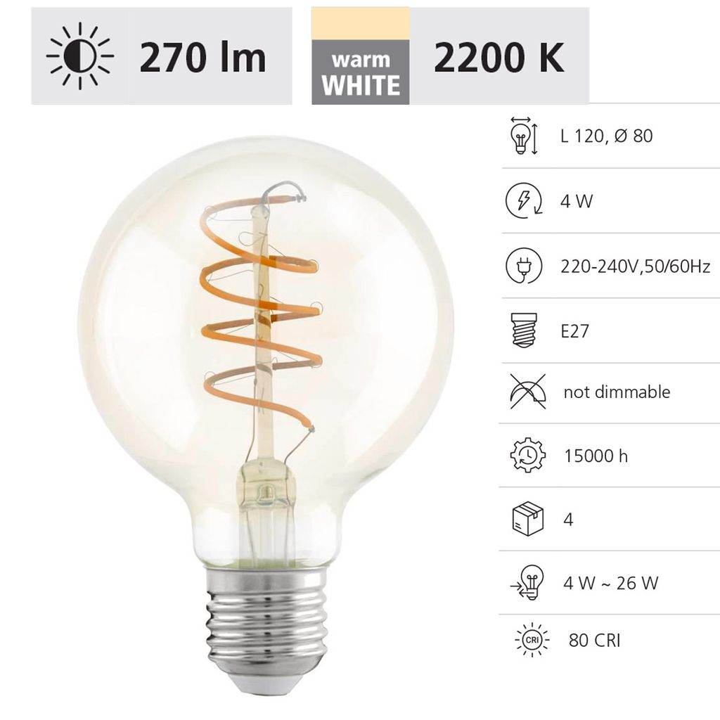 LED Filament Leuchtmittel E27 Spiral L:12cm Ø:8cm 2200K