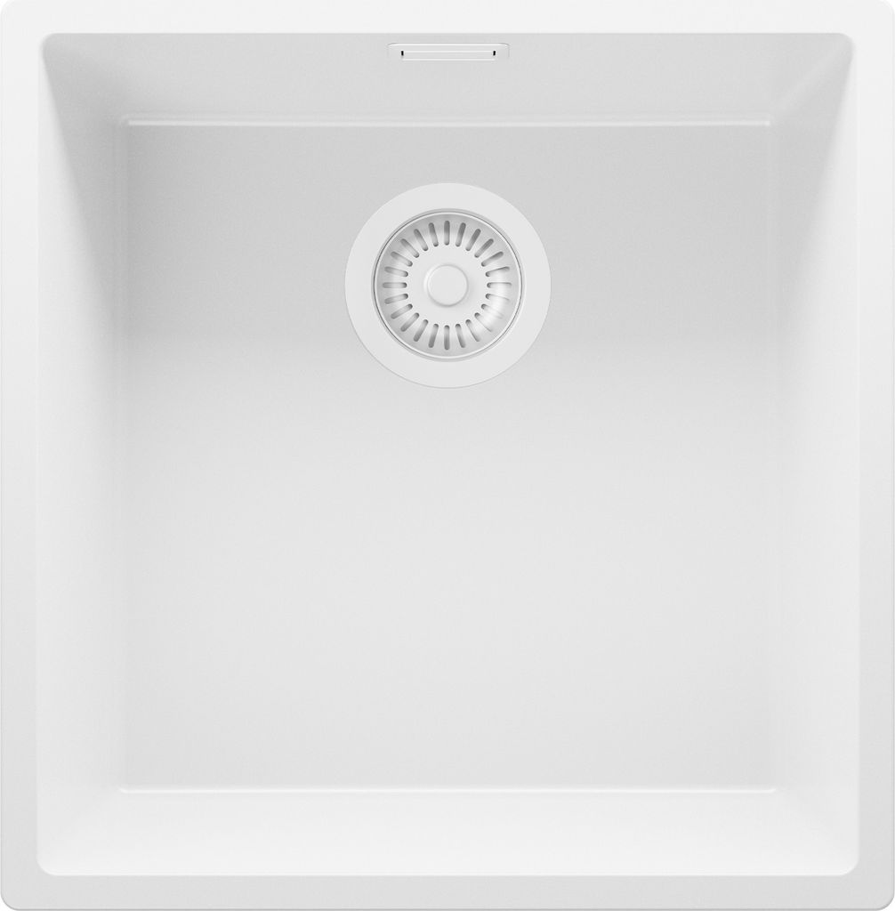 PRIMAGRAN Unterbauspüle Granit Alles Weiß 46x47cm, Spülbecken 1 Becken + Ablauf-Set, Granitspüle ab 50er Unterschrank - London