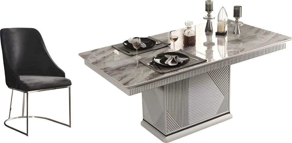 Grau Esstisch Set, 5-teilig, Satinholz, Edelstahlgriffe, Modern