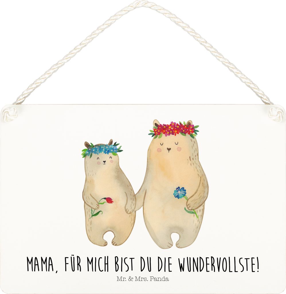 Mr. & Mrs. Panda Schild Bären mit Blumenkranz DIN A5 - Weiß - Geschenk, wandtafel, kleine aufmerksamkeit, Türschild, Holzschild, Mutti, Familie,...