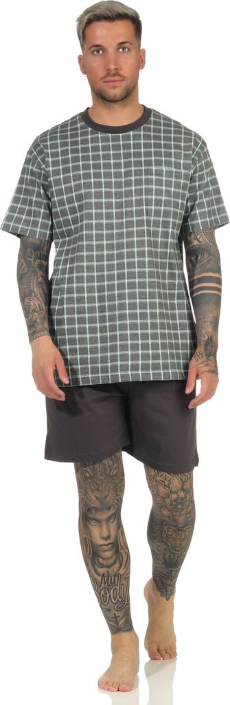 Herren Shorty Pyjama kurzarm Schlafanzug in edler Karo Optik - auch in Übergrössen ; dunkelgrau , 50