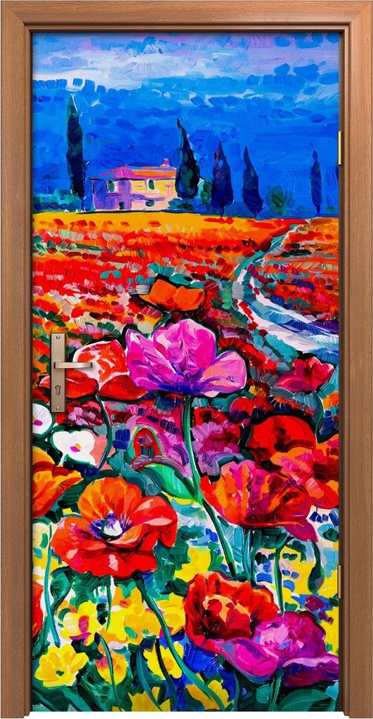Türposter 90x200 cm Türaufkleber Türtapete Türfolie Klebefolie Blume Bäume Straße Haus Zypresse wiese