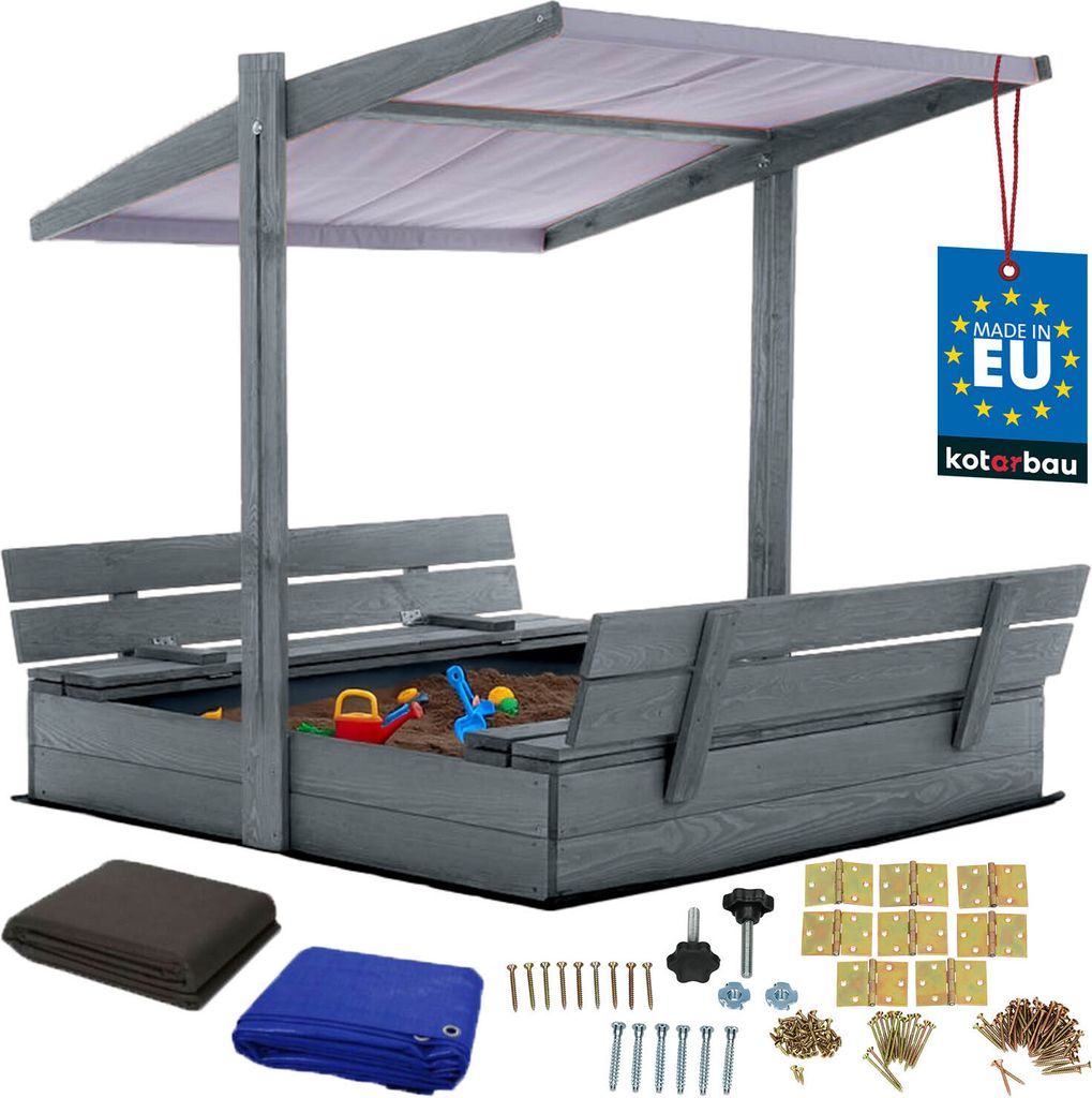 KOTARBAU Sandkasten mit Dach 120x120 cm Holz mit Abdeckung & Sitzbänken Sandkiste Gartenspielzeug für Kinder mit Deckel & Sonnenschutz in Grau ...