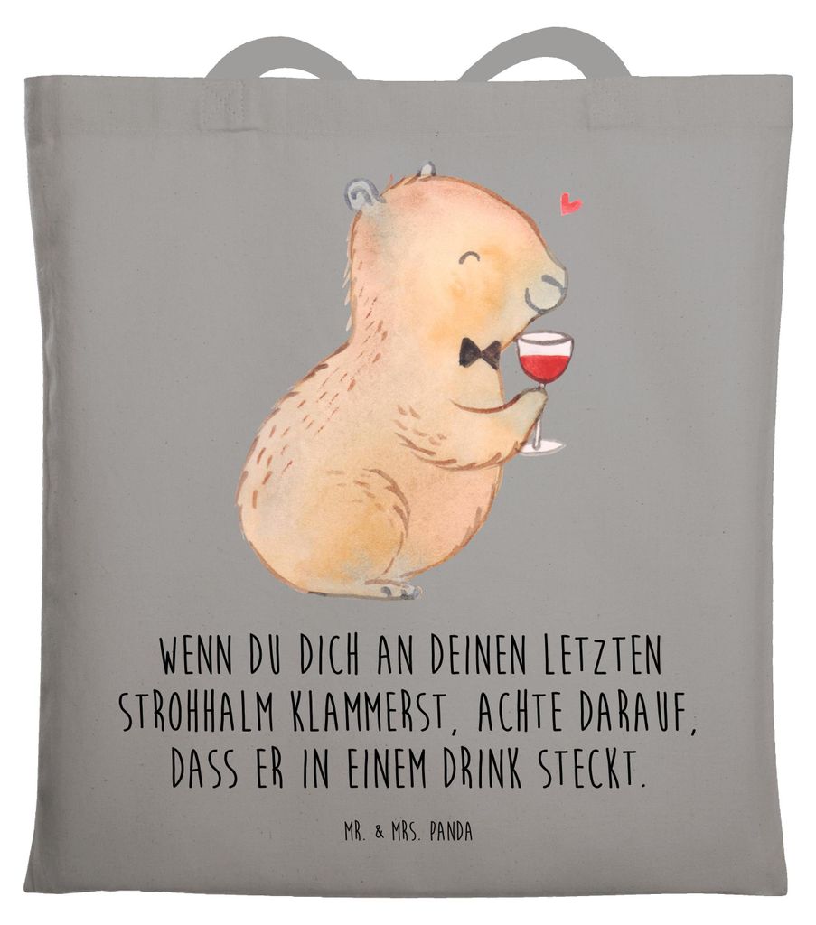 Mr. & Mrs. Panda Uni Tasche Capybara Wein - Light Grey - Geschenk, Jutebeutel, Jutetasche, Laptoptasche, für Weinkenner, Heiterer, Kunstwerk, Lust...