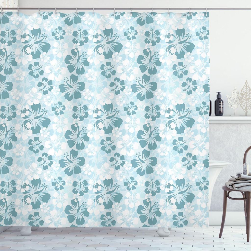 ABAKUHAUS Hawaii Duschvorhang, Blumen-Schattenbilder Frühlings-Saison verblaßte Blumenanordnung, die Natur blüht, 175 x 180 cm, Blassblau Türkis
