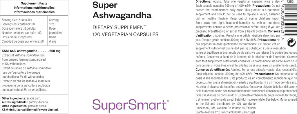 SuperSmart Super Ashwagandha Dietary Supplement - 120 Vegi-Kaps