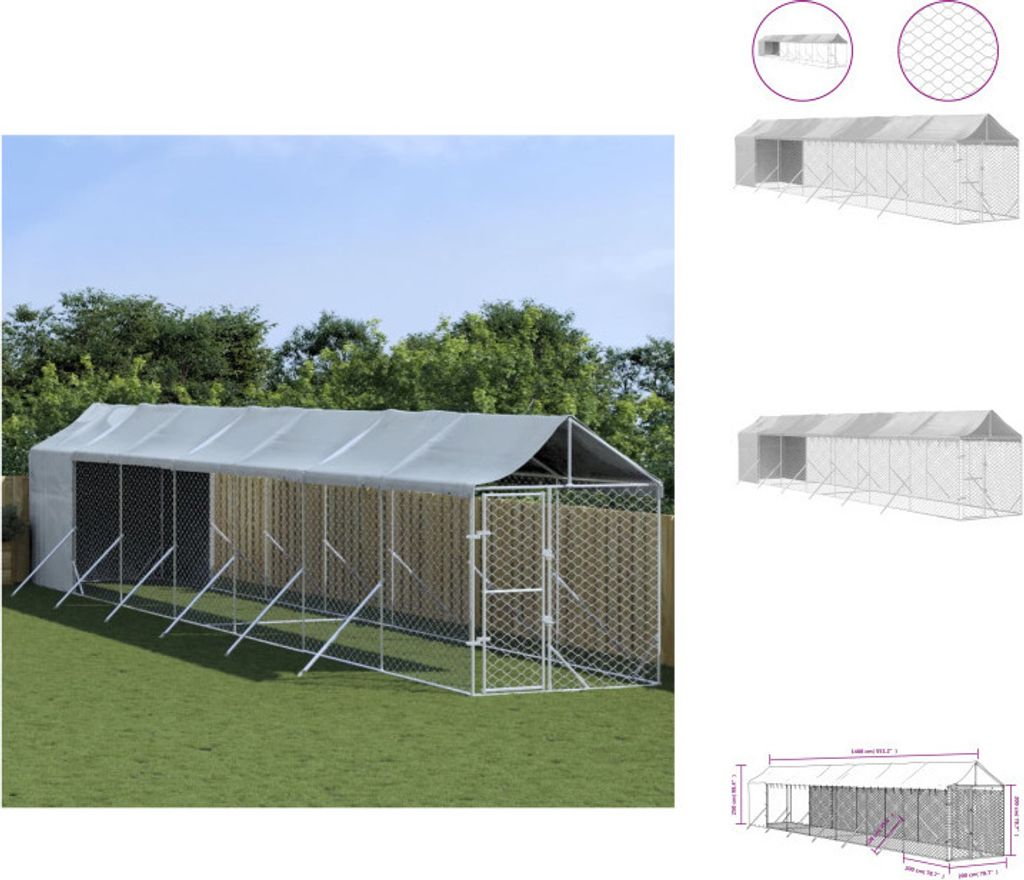 vidaXL Outdoor-Hundezwinger mit Dach Silbern 2x14x2,5 m Stahl Verzinkt - Hundezwinger & -ausläufe