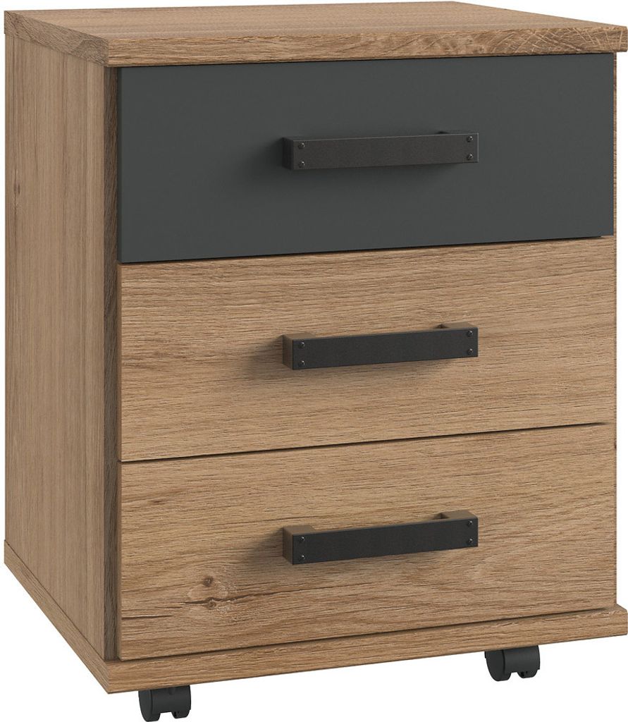 Jugendzimmer Rollkontainer EVERTON-43 mit 3 Schubkästen, Plankeneiche mit Absetzungen in Graphit, B x H x T ca. 46 x 58 x 40cm