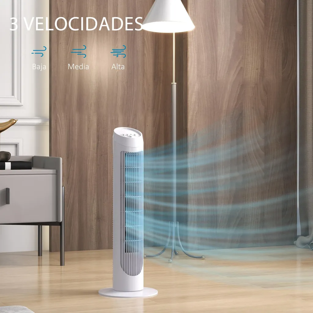 Ventilateur colonne silencieux oscillant 3 vitesses - Hauteur 80cm Blanc