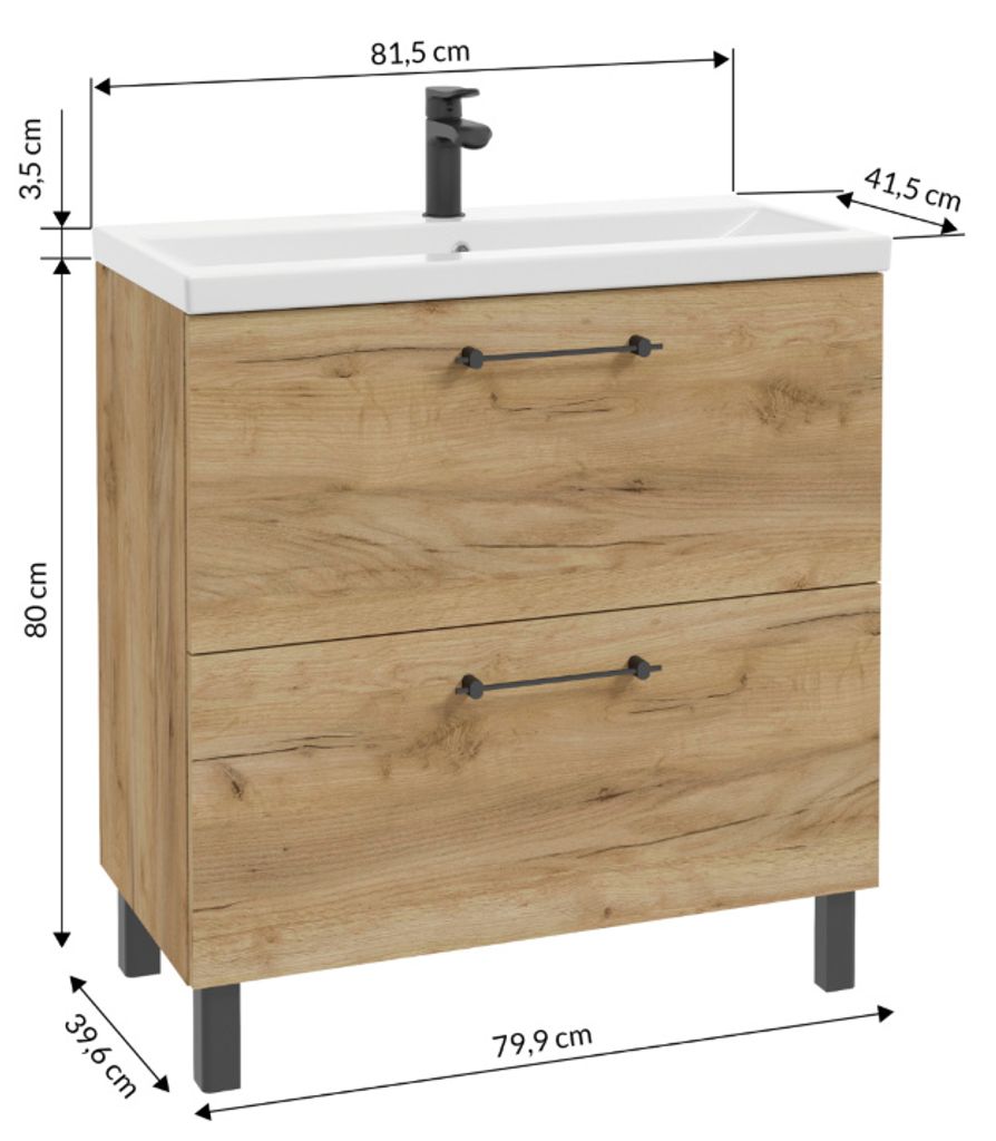 A diagram showing the dimensions of a bathroom vanity with a sink and faucet.