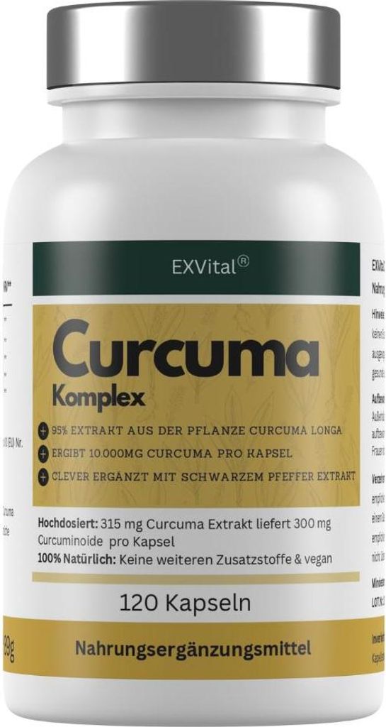 Curcuma Komplex mit Curcuma- Extrakt & Piperin, 120 Kapseln von EXVital