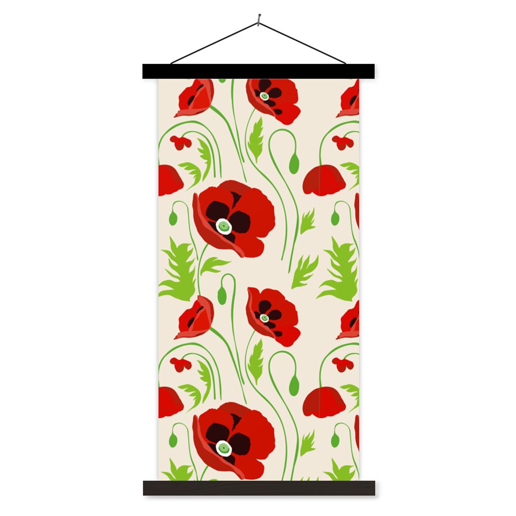 MuchoWow Textilposter Blumen - Mohn - Muster 40x80 cm mit schwarzem Rahmen - Wandemalerei