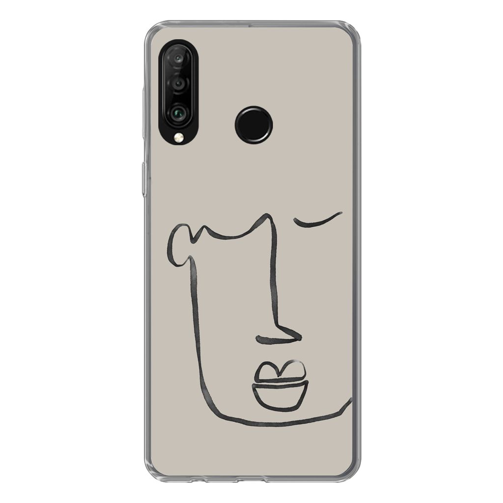 MuchoWow Handyhülle Schutzhülle Hülle für Huawei P30 Lite Gesicht - Abstrakt - Strichzeichnung Silikon Softcase Handy Hülle - Handyhülle