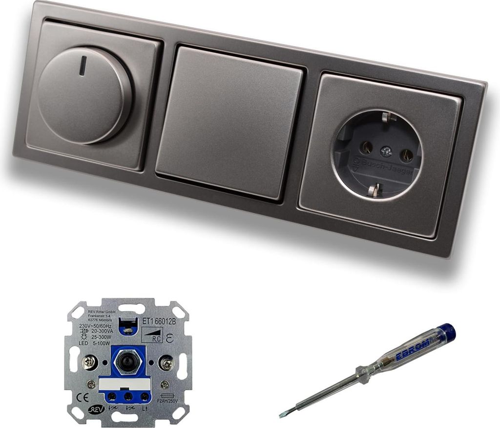 REV Ritter LED Drehdimmer Dimmer + Busch Jäger Dimmerscheibe 6540-866-102 + Kreuzschalter 2000/7US + Steckdose 20EUC-866 PUR Edelstahl + EBROM Pha...