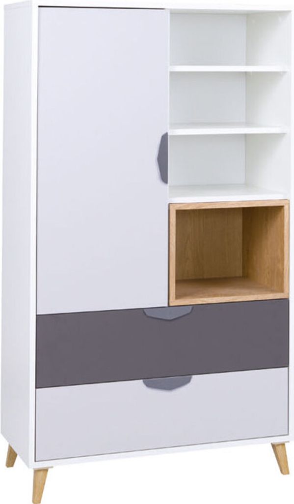 MIRJAN24 Kommode Joker 05, Kinderzimmer Highboard Schrank, Stilvoll Sideboard (Weiß / Graphit + Grau + Lefkas Eiche)