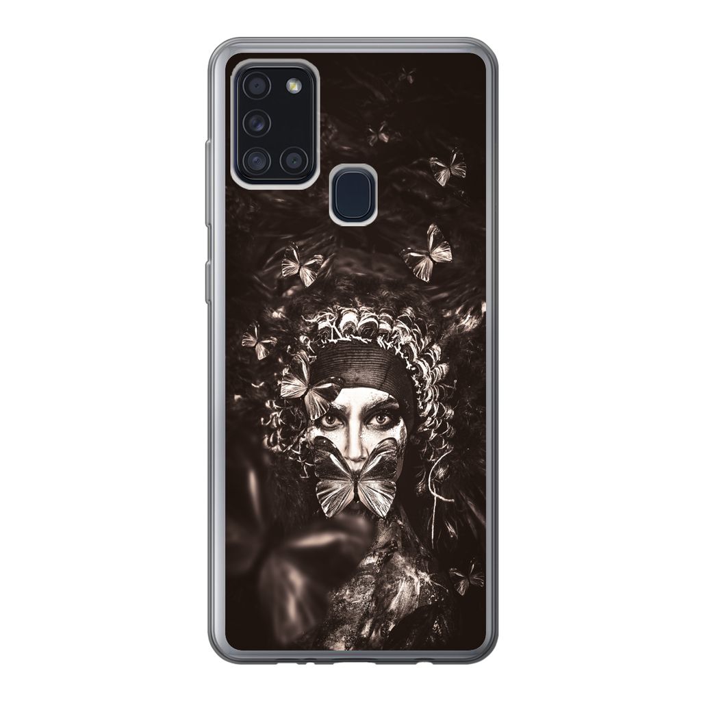 MuchoWow Handyhülle Schutzhülle Hülle für Samsung Galaxy A21s Frau - Schmetterling - Schwarz - Weiß Silikon Softcase Handy Hülle - Hartschale