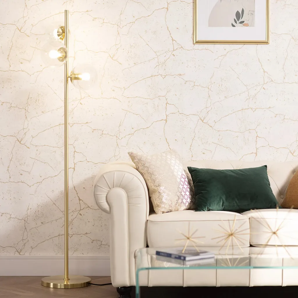 Lampadaire Or 3xE27 Pugilia : Verre Opalin & Structure Métal Chic