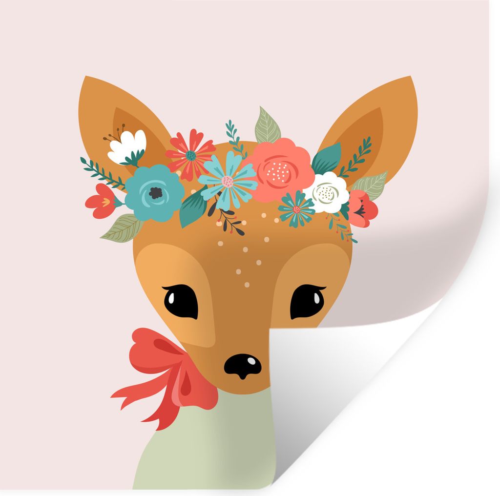 MuchoWow Wandtattoo Wandsticker Wandaufkleber Hirsche - Blumen - Sommer 100x100 cm Selbstklebend und Repositionierbar - Wierderverwendbar - Selbs...