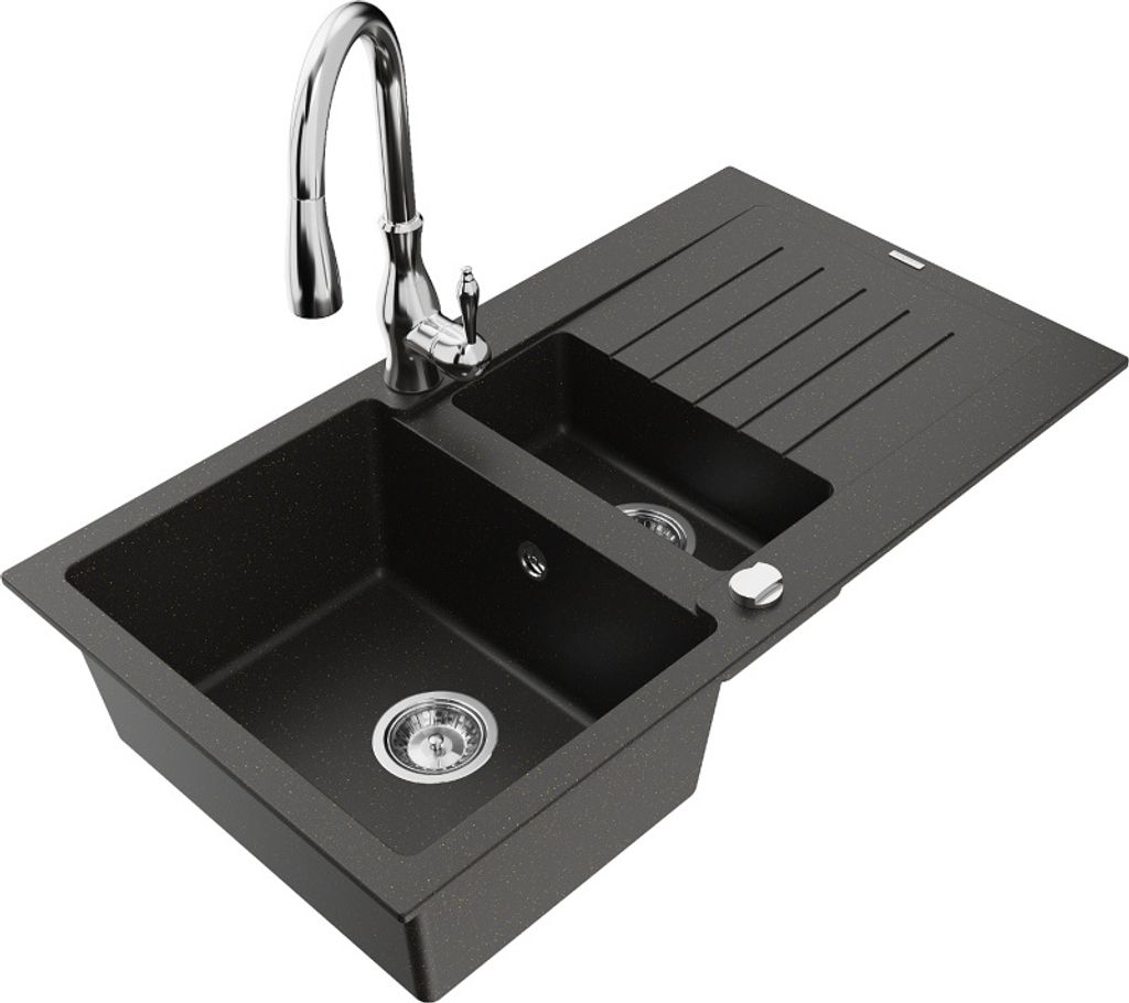 Mexen Matias 1,5-Becken-Granitspüle mit Abtropffläche und Mischbatterie Savita, Schwarz/Gold - 6502-75-672601-00