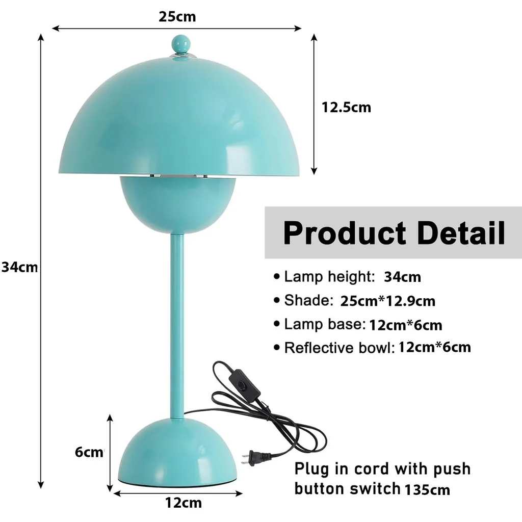 Lampe de table champignon bleu turquoise métal E27 - Design céleste 34cm - 2