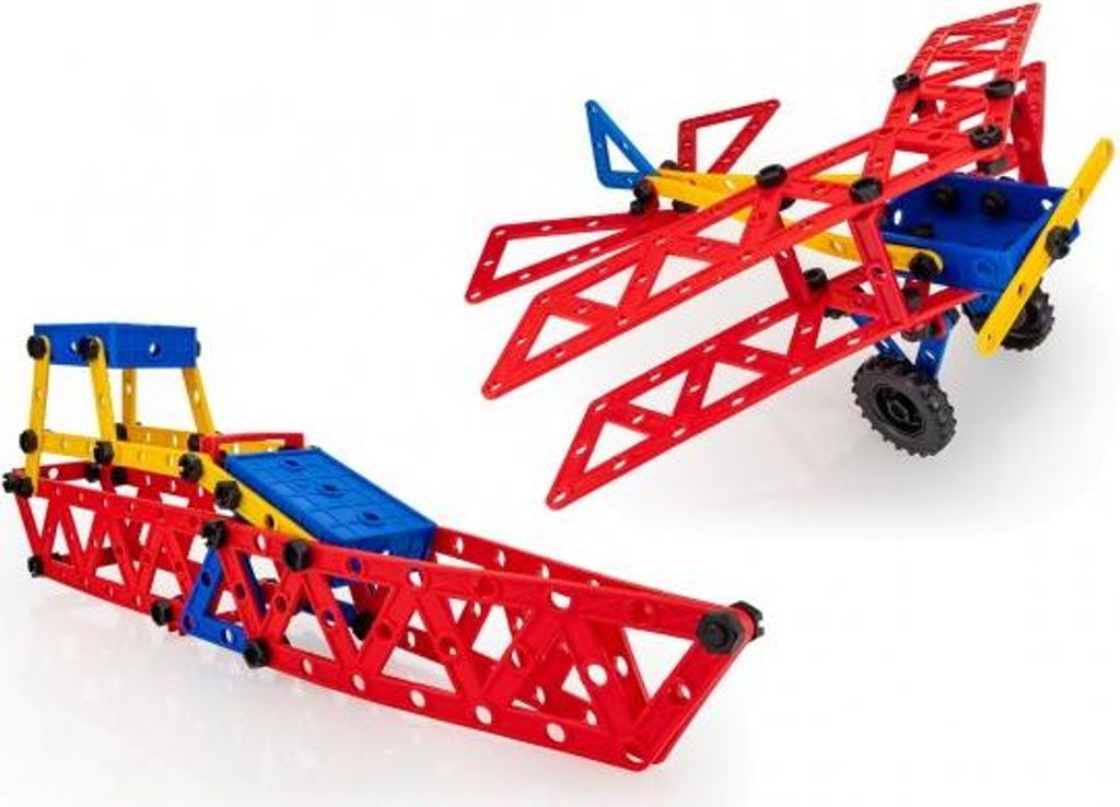 Two construction toy models, an airplane and a ramp or track, made of red, blue, and yellow plastic pieces.