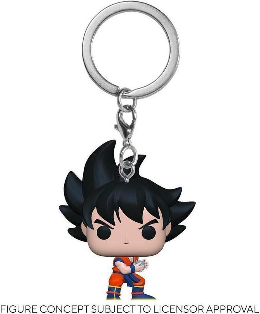 A Funko Pop! keychain of Goku from Dragon Ball Z, shown from the front against a white background.