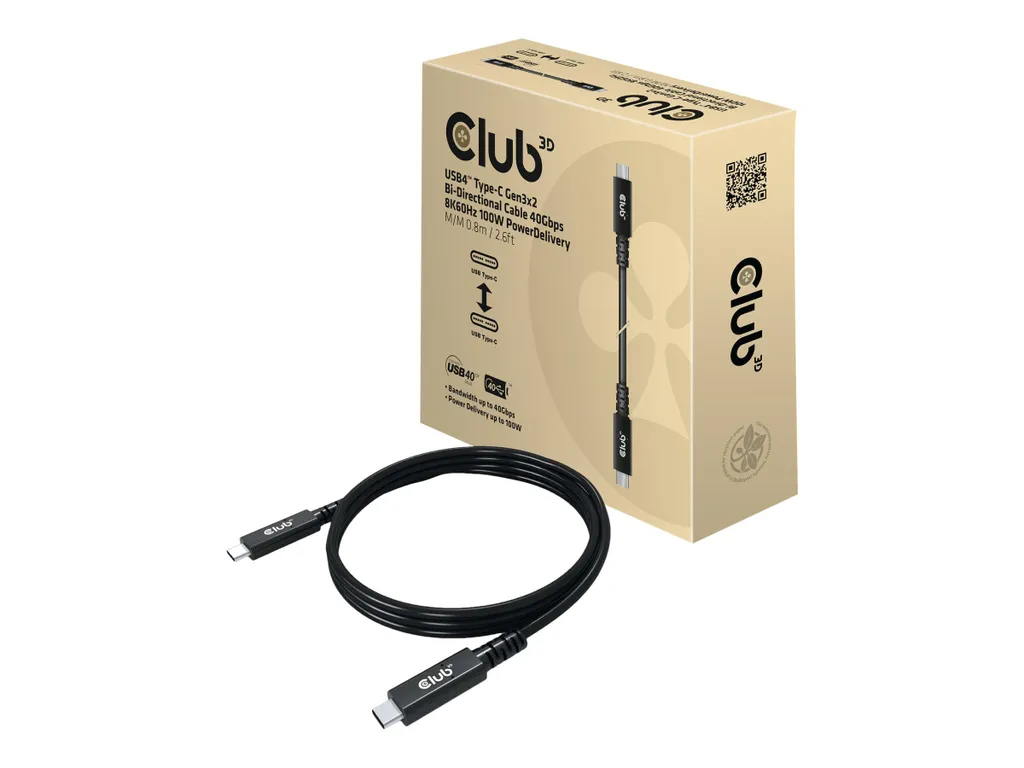 Club3d CLUB3D USB4 Type-C Gen3x2 Cavo bidirezionale 40Gbps 8K60Hz 100W PowerDelivery M-M 0,8m - 2,62ft