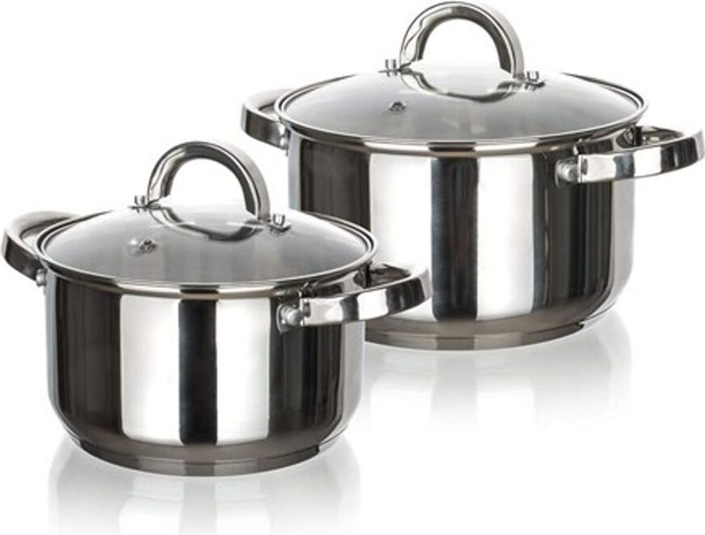 Two stainless steel pots with glass lids are displayed against a white background.
