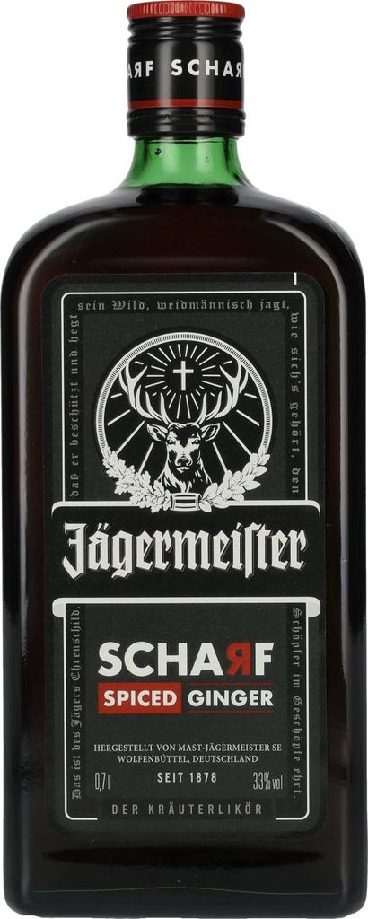 A bottle of Jägermeister Scharf Spiced Ginger liqueur.