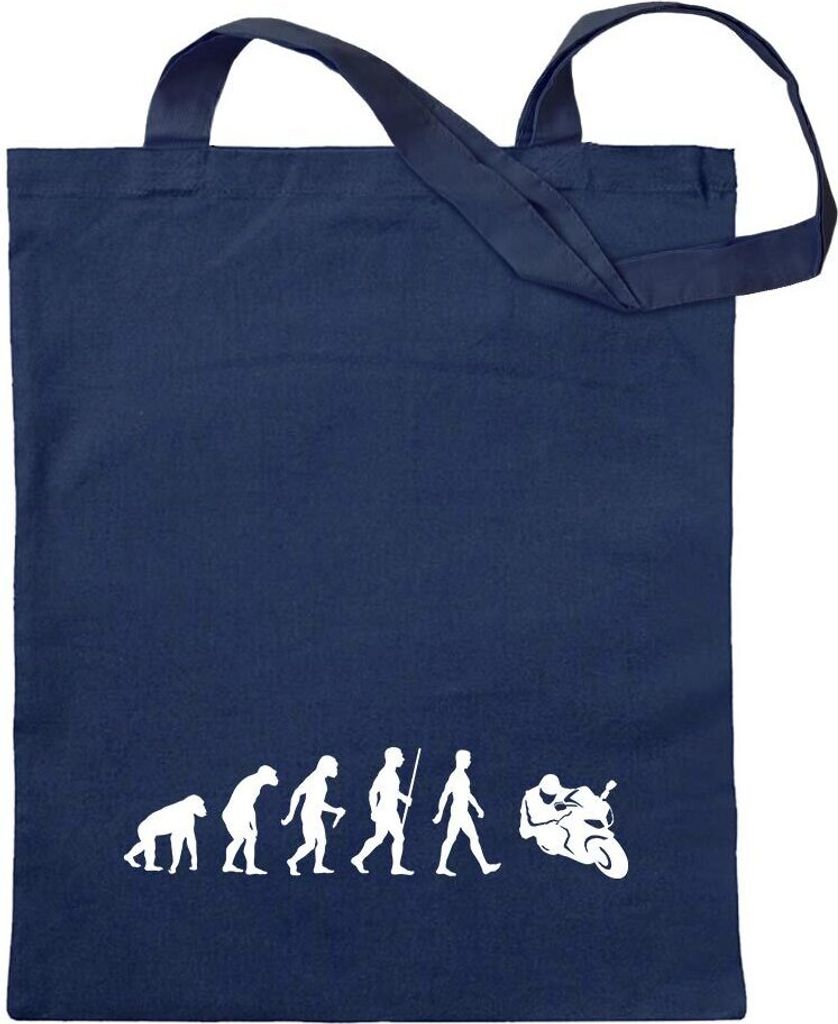 Kiwistar - Baumwolltasche - dunkelblau - Evolution Motorrad Rennmaschine - Tragetasche Stoffbeutel Umhängetasche langer Henkel