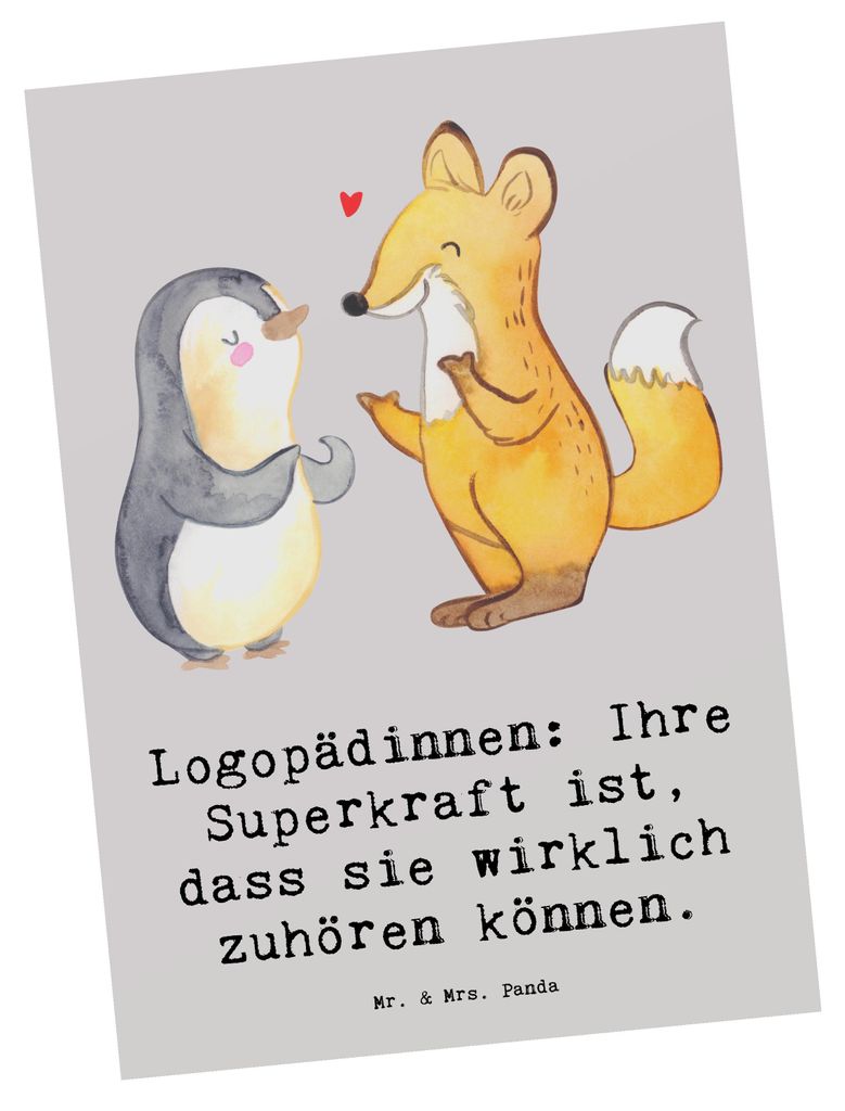 Mr. & Mrs. Panda Postkarte Logopädin Superkraft - Grau Pastell - Geschenk, Ansichtskarten, Beruf, Postkarten, Sprachtherapie, Berufsalltag, Einfü...