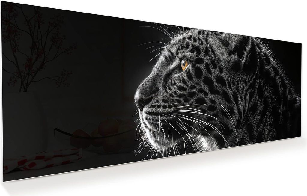 Glasbild 100x40cm in XXL für Wohnzimmer, Schlafzimmer Motiv Leopard Silhouette