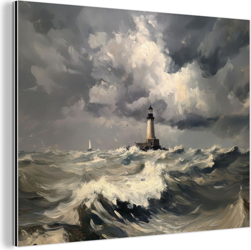MuchoWow Wanddekoration Metall Metallbild Wandkunst 40x30 cm Leuchtturm - Wellen - Sturm MuchoWow Aluminium Gemälde - Dekoration Wohnzimmer