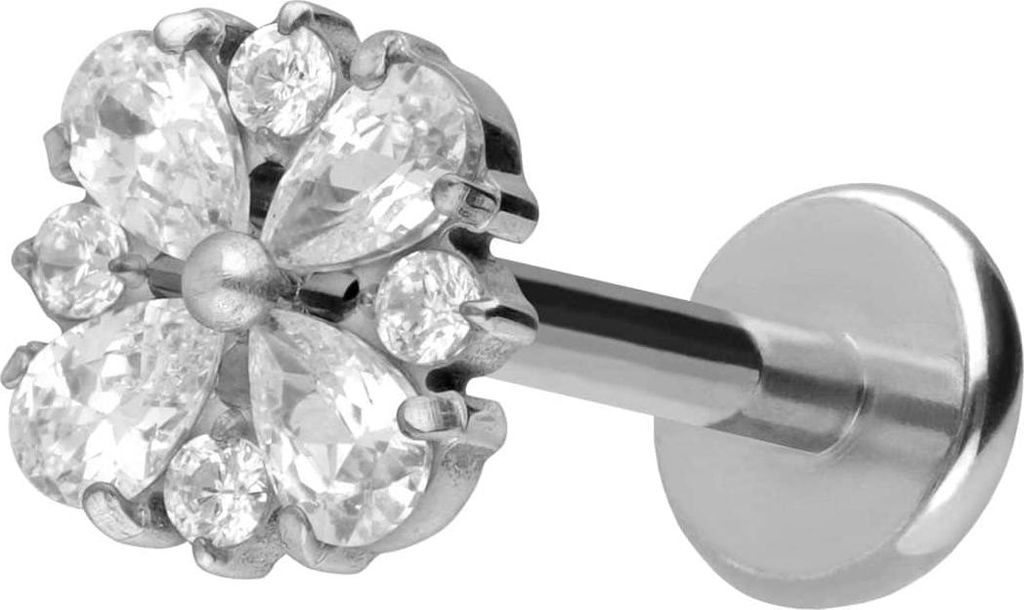 Ohrpiercing, Nasenpiercing Titan Labret mit Push Fit KRISTALLORNAMENT Silber Stablänge: 10mm | Stabstärke: 1mm